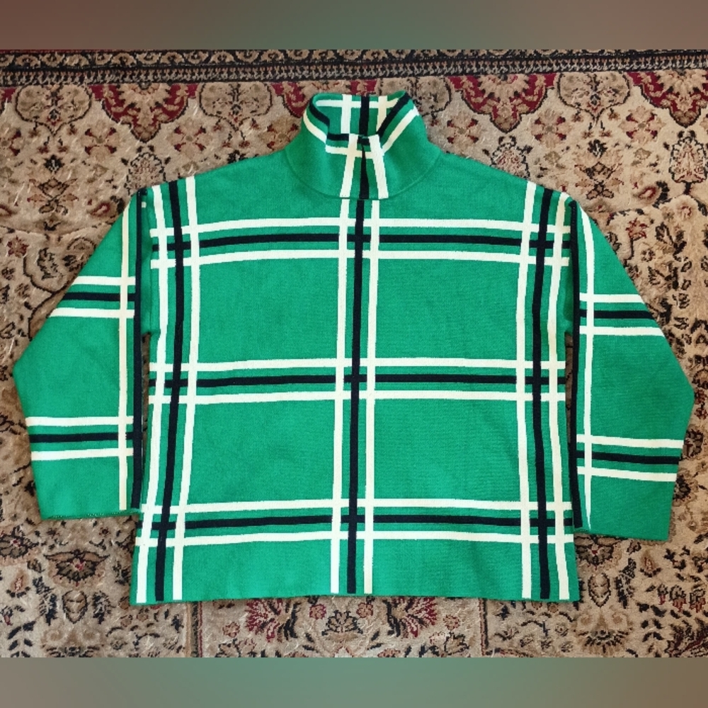 Cherie Collette Women's Green Plaid Pullover Sweater Size XL Striped High Neck